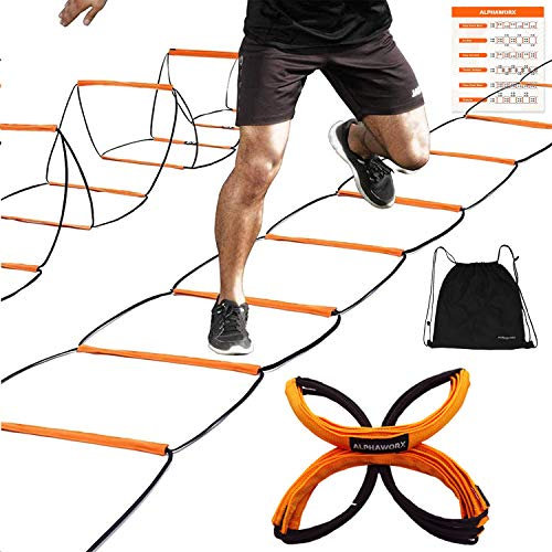 ALPHAWORX Agility-Leiter, Agility-Trainingsgerät, Fußball-Geschwindigkeitsleiter, Fußball-Fußarbeitsleiter, Workout-Leiter für Kinder und Erwachsene, faltbar, sofort aufgebaut, verhedderungsfrei und