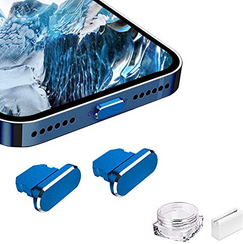 VIWIEU Metal Anti Dust Plug for iPhone 13 12 Mini Pro Max 11 iPad AirPods, 2 Aluminum Lightning Charging Port Cover Compatible with iPhone X, XS, XR, 8, 7 Plus with Plug Holder and Storage Box (Blue)