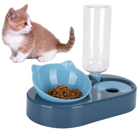 Katzennapf für Futter Wasser, Wasserspender und Futternapf für Katzen und Hunde Tierfütterung Doppelt verstellbares Wasser- und Futternapf Set Erhöhte Katzenschalen(Blau)
