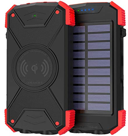 Akashi Technology - Batterie Externe Solaire 10000mAh, Chargeur Solaire Randonnée USB / USB-C + Chargeur Induction Sans Fil, Antichocs, IPX4, Lampe Torche - Noir