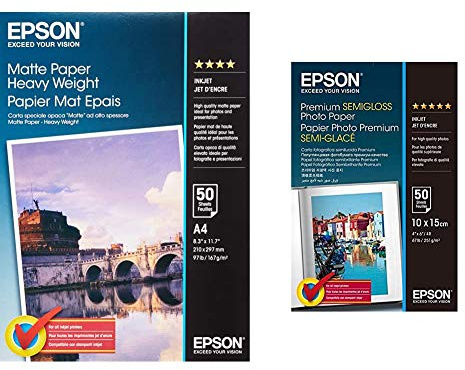 Epson C13S041256 Matte Heavyweight Papier Inkjet 167 g / m2 A4 One-sided, 50 Blatt Pack & C13S041765 Premium semi gloss Photopapier Inkjet 251g/m2 100 x 150 mm 50 Blatt Pack