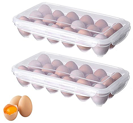 2 Pezzi Contenitore per Uova, Vassoio per uova, Portaoggetti per Uova, Scatola Porta Uova, Custodia in plastica per uova, con Coperchio, 18 Griglie, per Conservare Le Uova (Trasparente)