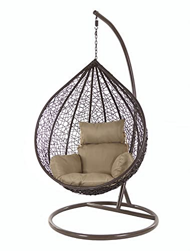 KIDEO Komplettset: großer Hängesessel mit Gestell & Kissen, XXL Größe, Korbsessel, Poly-Rattan, (Korb & Gestell: Dunkelbraun, Kissen: braun Nest (7010_Hazelnut))