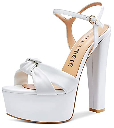 Castamere Femme Bout Ouvert Mode Sandale Plateforme Bloc Talons 15CM High Heels Blanc Mat Chaussures EU36