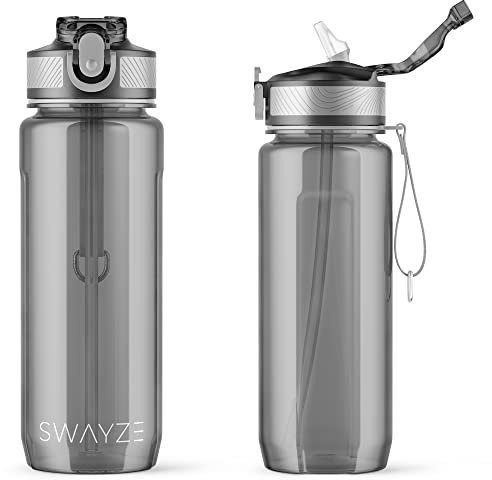 Custom Initials Personalised Water Bottle with Straw 800ml Water Bottle, BPA Free Leakproof Lockable Flip Lid Drink Bottle Sports Gym School Him Her Gift (Grey - Plain)