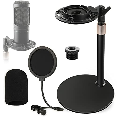 Frgyee AT2020 Tisch Mikrofon Stand mit Stoßdämpferhalterung, Schaumstoff-Windschutz und Popschutz Verstellbarer Mikrofonständer für Audio Technica AT2020 AT2020USB+ AT2035 ATR2500 Kondensatormikrofon