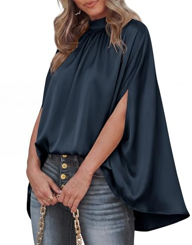 BTFBM Womens Summer Tops 2026 Mock Neck Batwing Sleeve Silk Satin Shirts Loose Oversized Dressy Casual Spring Blouses(Navy, X-Large)