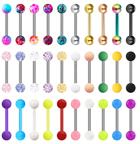 VANGOT 30Pcs 14G Surgical Steel Tongue Rings for Women Stainless Steel Nipple Rings Barbell Body Piercing