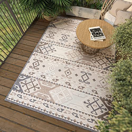 Carpeto Interno Ed Esterno Tappeto Balcone 80x200cm Crema Etnico Orientale | Interno Ed Esterno Tappeto per Soggiorno Cucina Terrazza Beige Resistente Alle Intemperie Antiallergico Facile da Pulire