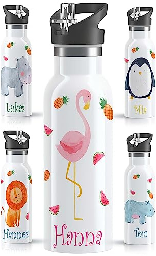 OWLBOOK® Kinder Edelstahl Trinkflasche mit Strohhalm 500 ml | Spülmaschinenfest & BPA Frei | Personalisierte Geschenke für Mädchen zur Einschulung Geburtstag Schulanfang Weihnachten | Flamingo