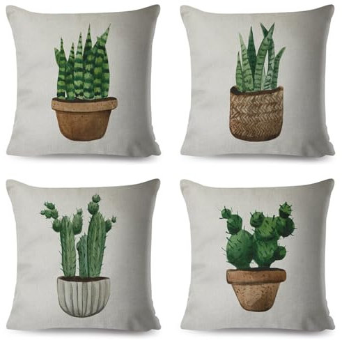 Juego de 4 Plantas de cactus Fundas de Cojines,Moderno Cuadradas Cojines 55x55cm,Fundas de cojín Terciopelo Decorativas Suaves y Transpirables para Patio Jardín Sala de Estar Sofá Mueble Exteriores