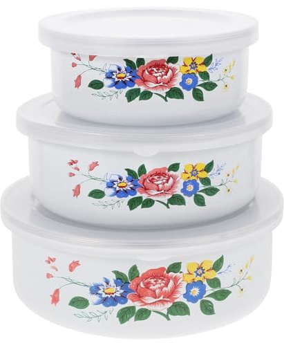 Kichvoe 3pcs Enamel Bowls Vintage Enamel Mixing Bowls Salad Food Storage Preservation Kitchen Tableware Serving Containers Random Pattern
