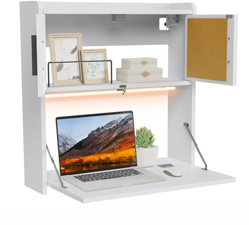 ARTETHYS Wall Mounted Desk with LED Light Multifunctional Fold Down Laptop Computer Table Writing Workstation with Storage Compartments Space Saving for Home Office