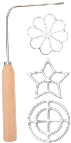 DOITOOL Bunuelos Mold with Handle, Rosette Iron Waffle Molds, Rosette Timbale Iron Set with 3 Interchangeable Heads Star Flower Circle, Lotus Bunuelos Cookie Press Mould for Kitchen Baking Cooking