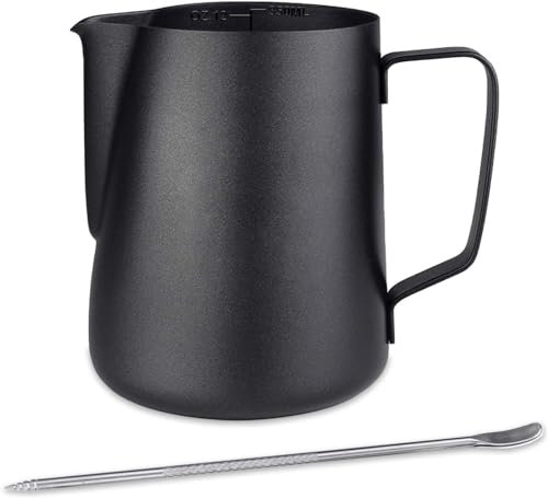 Emsmil Brocca per Latte in Acciaio Inox, 900 ml, Con Misurazione, Marco e Tipo, Nero, Caraffa Barista per Cappuccino ed Espresso