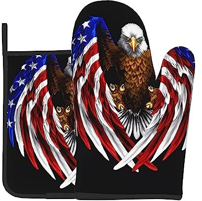 YYHHAOFA Ensemble de gants de cuisine et maniques avec motif d'aigle patriotique des États-Unis : épais et durable, anti-brûlure et isolant thermique