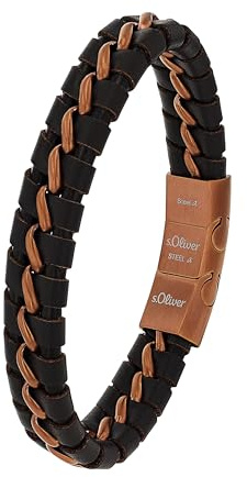 s.Oliver Armband Edelstahl Leder Herren Armschmuck, 20+1,5 cm, Schwarz, Kommt in Schmuck Geschenk Box, 2037990