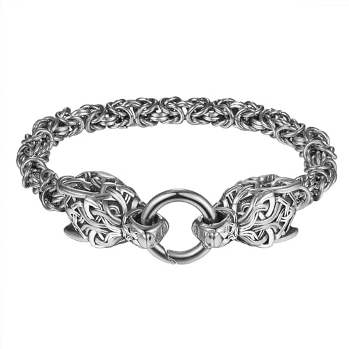 OIDEA Herren Wikinger Armband Wolf Löwe: Löwenkopf Armkette aus Edelstahl Wolfskopf Panzerkette Biker Rock Schwer Viking Handgelenk Schmuck Geschenk für Männer Familie Freund