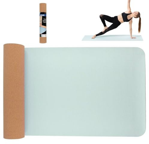 BAKAJI Tappetino Yoga in TPE e Sughero Doppio Strato Antiscivolo Alta Densità, Materassino Tappeto Allenamento Fitness, Aerobica, Palestra, Ginnastica, Dimensione 183 x 61 cm, Arrotolabile