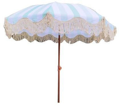 JEKKAH Ombrellone In Poliestere A Strisce Verdi E Bianche, Ombrellone Da Spiaggia Con Nappe, Palo In Legno Da 200 Cm Con Regolazione Flessibile Della Direzione