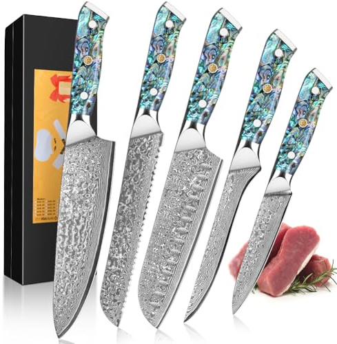 KEENZO 5er Damastmesser Küchenmesser Set - Damaststahl 5-Teilig Mit Chefmesser, Santokumesser, Obstmesser - Profi Scharfe Kochmesser Mit Blauen Kunstharz Handgriffen