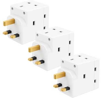 SHPELEC® 13A 3-Way Fused Adaptor - Heavy Duty Triple Plug Outlet Converter with Built-in Surge Protection - Safe & Reliable Power Splitter for Home, Office, and Travel (3 Pack)
