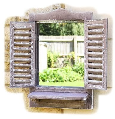 Darthome Brown Shutter Window Mirror 46cm With Shelf Rustic Wood French Country Wall Decor