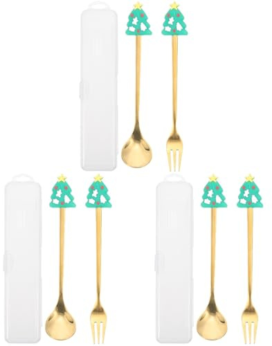 Garneck 6Pcs Couverts De NoëL Comprend 3 CuillèRes à Café Et 3 Fourchettes En Acier Inoxydable En Forme De Sapin Avec BoîTe De Rangement IdéAux Pour DéCorer Votre Table De NoëL Et Vos FêTes