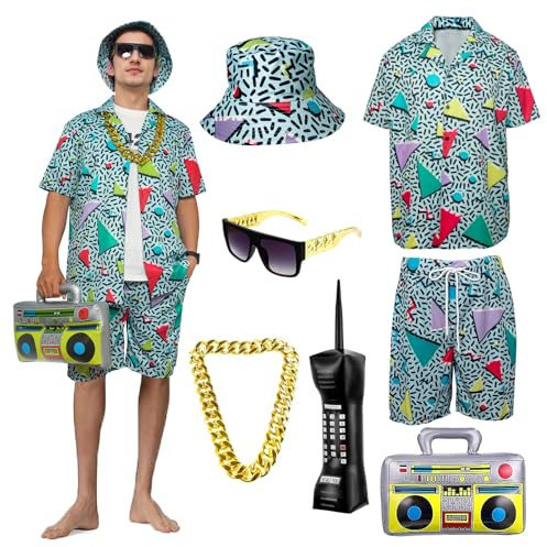 OPAEHJF 80er 90er Jahre Outfit Herren, Retro Trainingsanzug Kurz Kostüm Set | 7 Stück 80er 90er Jahre Outfit Retro Shirts und Shorts Set mit Goldkette Sonnenbrille, für Fasching Disco Party