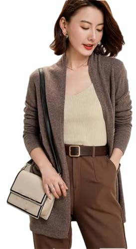 Maglione da donna in 100% lana merino lavorato a maglia, lunghezza media, cardigan aperto sul davanti, tinta unita con tasche, Ap 2, L