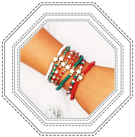 Jovono Weihnachtsarmband-Set Perlenarmbänder mit Weihnachtsmann und Rentier, bunte stapelbare Stern-Armschmuck-Sets für Damen (7PCS)