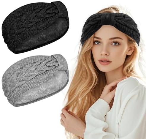 2 Stück Winter Stirnband Damen, Gestrickte Headband, Elastische Ohrenwärmer Haarband, Winter Schleifen Stirnband Damen, Damen Verdicken Haarbänder, Für Gehen und Outdoor Sport usw