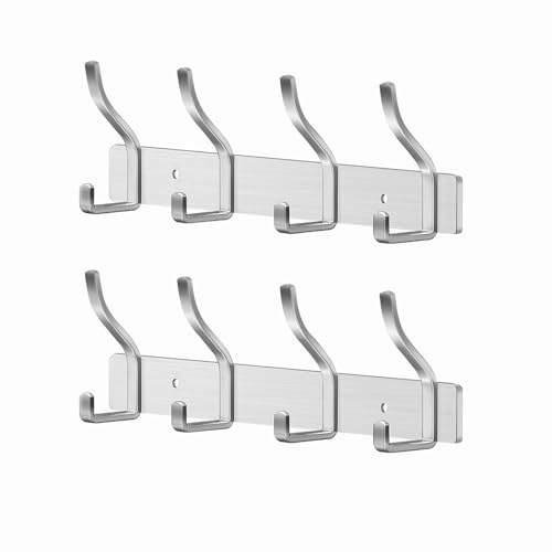 MEIJO Garderobenhaken Edelstahl Hakenleiste Garderobe Garderobenleiste Silber Kleiderhaken Wand mit 4 Haken Wandhaken garderobe für Schlafzimmer Bad Küche Kleiderständer (Silber, 4 Haken 2 Stück)