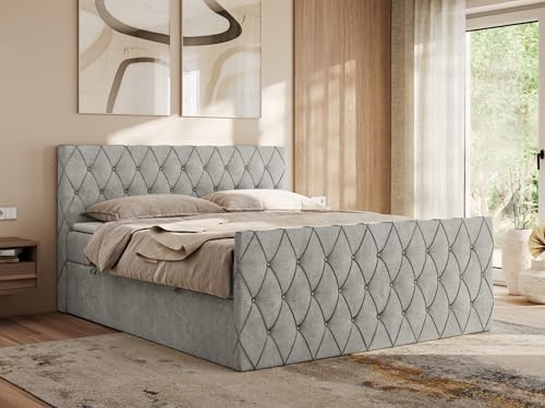MKS MEBLE Boxspringbett 200x200 cm Miren Duo – Bett mit Bettkasten & Kopfteil, Ziernähte/Steppung – 2× 7-Zonen Taschenfederkern Matratze H3 mit Topper T25 – Hellgrau Strukture