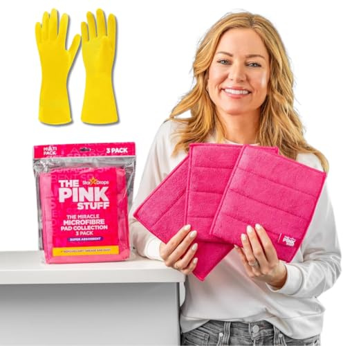 Kevagh The Pink Stuff The Miracle Microfiber Pad Collection 3er Pack & 1 Paar gelbe Haushaltshandschuhe - Allzweck-Reinigungspaket