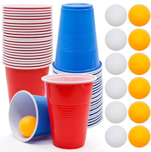 Druuzyl 50x Mehrweg-Partybecher Set mit 12 Tischtennisbällen (16oz/473ml) - Wiederverwendbare Plastikbecher für Hochzeiten, Geburtstage & Camping | Inklusive Pingpong Bälle für Beer Pong Spiele