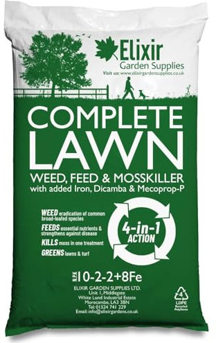 Elixir Gardens UK COMPLETE LAWN Weed, Feed & Mosskiller 10-2-2+8Fe | 20kg Bag | 4-in-1 Turf & Grass Fertiliser/Feed with Iron, Dicamba & Mecoprop-P