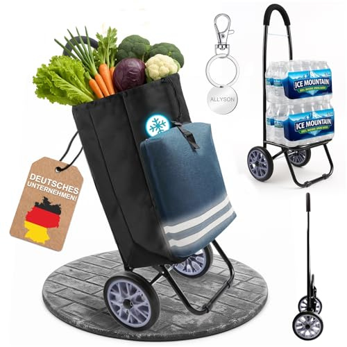 Allyson® Einkaufstrolley klappbar mit Reflektoren & Kühltasche, 45L, Blau | Ergonomischer Griff, langlebige Räder, kompakt und platzsparend, Aluminiumrahmen, inklusive Einkaufswagenlöser.