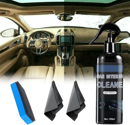 Cutiolly Kit Pulizia Auto Interni,300ml Pulitore Interni Auto,Detergente Interni Auto,Pulitore Abitacolo Auto,Prodotti Pulizia Auto,Set per Pulizia Dell'auto,con Uno Straccio e Una Spugna