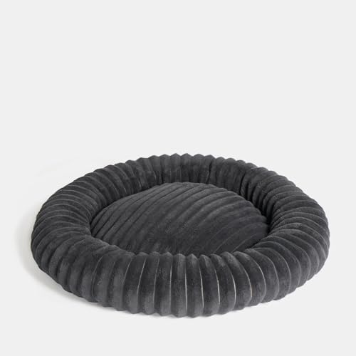 OHS Round Donut Dog Bed, Faux Fur Ribbed Medium Dog Bed Super Soft Plush Anti-Anxiety Cuddler Beds Non-Slip Base Washable Pet Beds for Cats, Charcoal Grey - 60 x 60cm