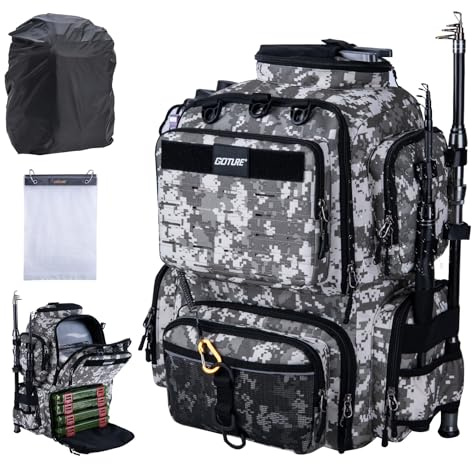 Goture Angelrucksack, Angelzubehör-Rucksack mit Zwei Rutenhaltern und Regenschutz, Wasserabweisende Angelgerätetasche mit verstellbarem Fach und 8 Ködertaschen, 45-Liter-Angelgeräte-Rucksack