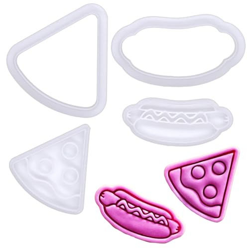 BAKERLOGY Mini Pizza Slice and Hotdog Cookie Cutter and Stamp Set (2) – Fun Fast Food Embosser for Novelty Biscuits, Fondant Tool for Summer BBQ and Party Cakes & Cupcakes