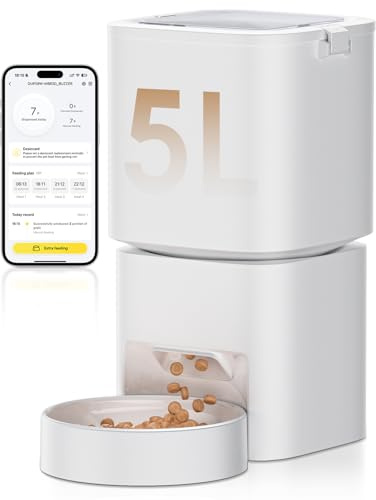 DUDUPET Comedero Automático para Gatos y Perros, WiFi 2.4G/5G, Gran Capacidad 5 L, Control por App, hasta 10 Comidas al Día, Ideal para Dueños de Mascotas (Blanco, 5L)