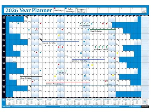 PlannerHead 2026 Wall Planner Blue | Yearly Calendar 2026 for Students, Families, Businesses, Offices | UK & Ireland Bank Holidays | Unmounted & Unlaminated (Blue, Large 49cm x 70cm - Folded)