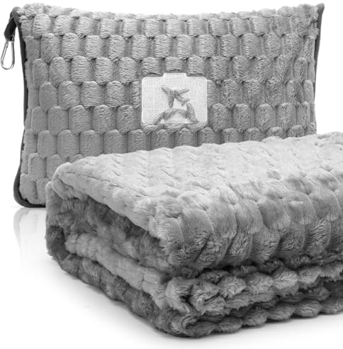 Reisedecke Kissen 2 in 1, Weiche & Warme Flugzeugdecke, Multifunktionales Tragbares Kissen mit Kopfkissenbezug, Kuscheldecke Reisekissen für Flugzeug, Reisen, Büro, Zuhause, 127x152cm (Grau)