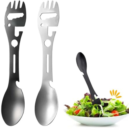 LACHT 2 Stück Edelstahl Göffel Camping Besteck 5 In 1 Multifunktions Löffel Gabel Messer Flasche&Dosenöffner, Outdoor Spork Besteck Set Für Reisen Wandern Picknick.
