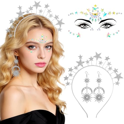 Pipihome Haarreif Sterne, Stern Mond Haarreifen Damen, Gesichtstattoo Karneval Sonne Mond Sterne Ohrringe für Fasching Kostüm Damen Braut Hochzeit Kostüm Cosplay Party (B)
