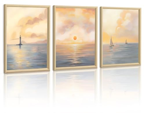 WENGTIAO kanvas väggkonst inramad, set med 3 canvasbilder med motiv av soluppgång över havet, segelbåt i havet, maritim landskapsmålning för modernt vardagsrum sovrum hall väggdekoration 30x40cmx3