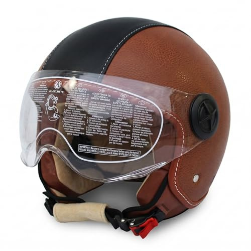 Casco Jet Moto con Doppia Visiera, Pelle/Nero, Visierino Parasole Integrato, Varie Taglie