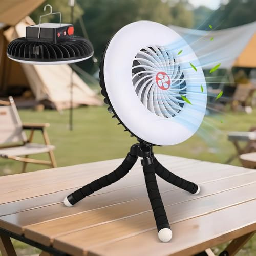 KBIBCK LED Campinglampe mit Ventilator USB Aufladbar, 2-in-1 Tragbarer Camping Ventilator mit Licht, Campingventilator mit Magnet und Hanging Haken, Zeltventilator für Wandern Angeln Strand Wohnwagen